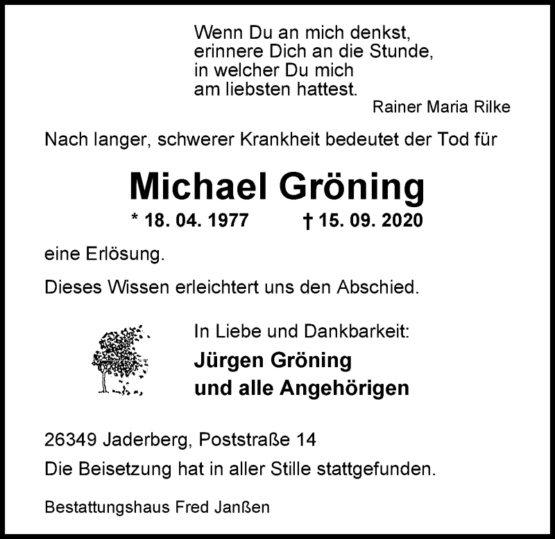  Traueranzeige für Michael Gröning vom 30.09.2020 aus Nordwest-Zeitung
