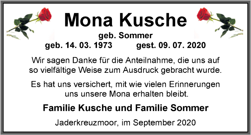  Traueranzeige für Mona Kusche vom 12.09.2020 aus Nordwest-Zeitung