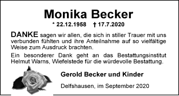 Traueranzeige von Monika Becker von Nordwest-Zeitung