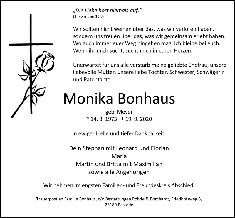  Traueranzeige für Monika Bonhaus vom 26.09.2020 aus Nordwest-Zeitung