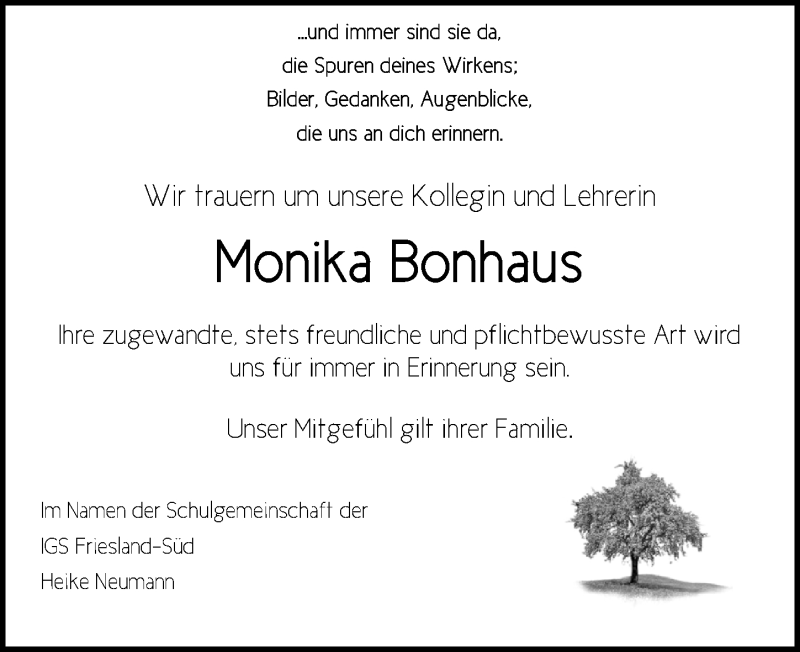  Traueranzeige für Monika Bonhaus vom 26.09.2020 aus Nordwest-Zeitung