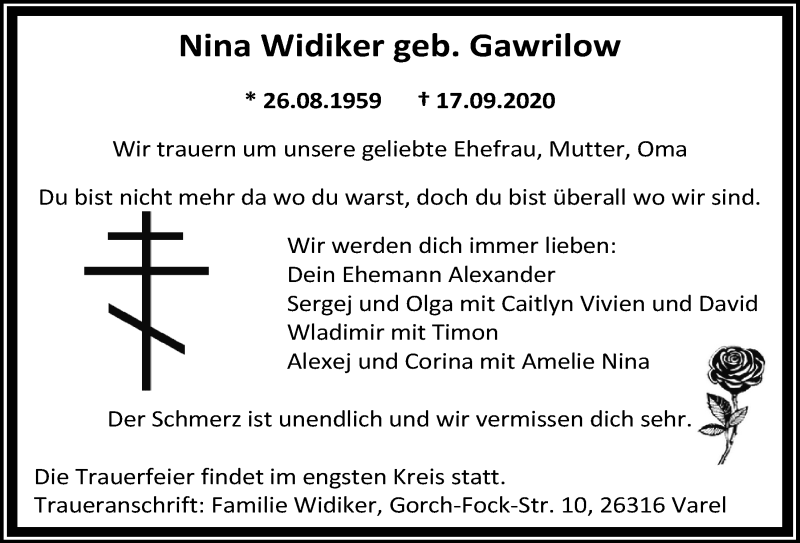  Traueranzeige für Nina Widiker vom 23.09.2020 aus Nordwest-Zeitung