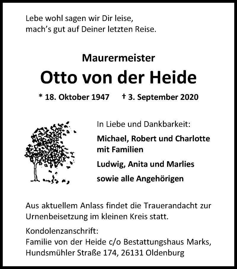  Traueranzeige für Otto von der Heide vom 12.09.2020 aus Nordwest-Zeitung