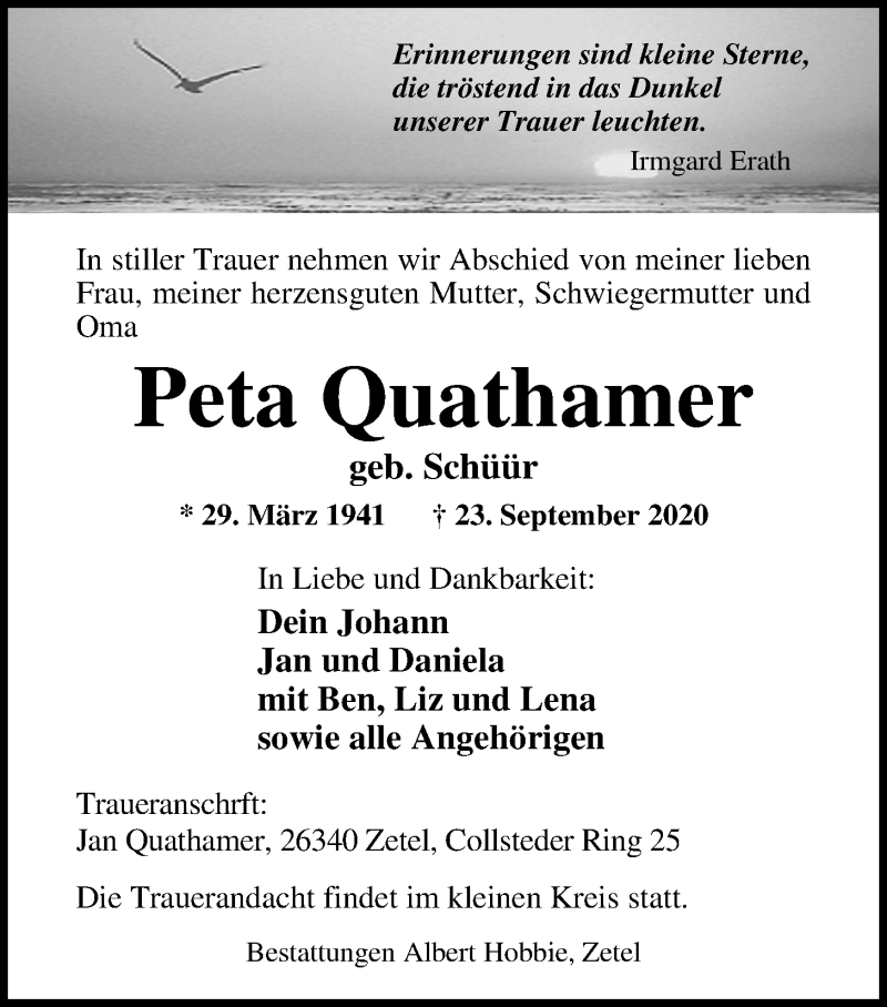  Traueranzeige für Peta Quathamer vom 29.09.2020 aus Nordwest-Zeitung
