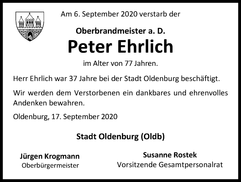  Traueranzeige für Peter Ehrlich vom 17.09.2020 aus Nordwest-Zeitung