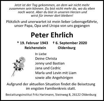 Traueranzeige von Peter Ehrlich von Nordwest-Zeitung