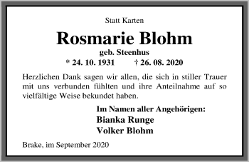 Traueranzeige von Rosmarie Blohm von Nordwest-Zeitung
