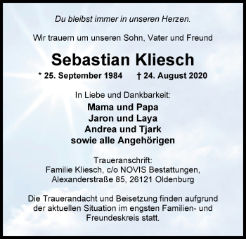 Traueranzeige von Sebastian Kliesch von Nordwest-Zeitung