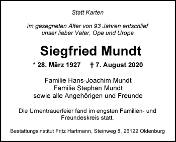 Traueranzeige von Siegfried Mundt von Nordwest-Zeitung