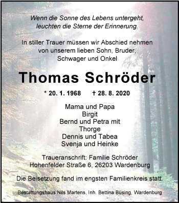 Traueranzeige von Thomas Schröder von Nordwest-Zeitung