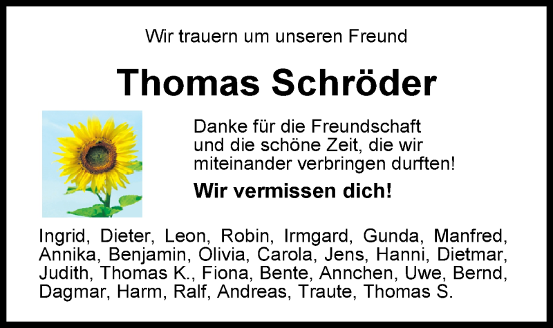 Traueranzeige für Thomas Schröder vom 12.09.2020 aus Nordwest-Zeitung