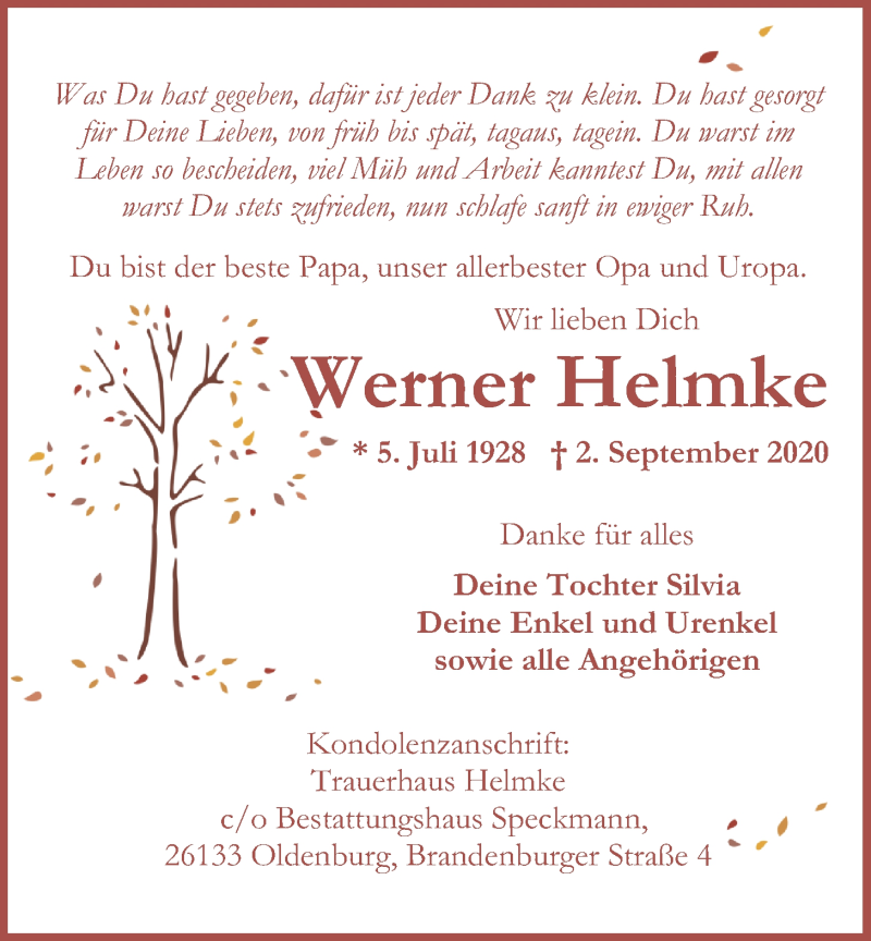  Traueranzeige für Werner Helmke vom 07.09.2020 aus Nordwest-Zeitung