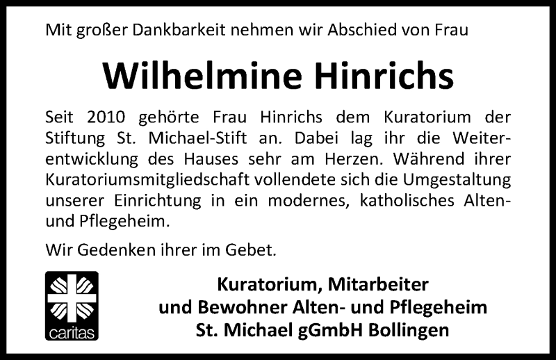  Traueranzeige für Wilhelmine Hinrichs vom 26.09.2020 aus Nordwest-Zeitung