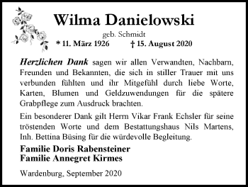 Traueranzeige von Wilma Danielowski von Nordwest-Zeitung