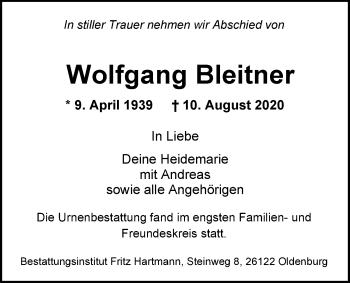 Traueranzeige von Wolfgang Bleitner von Nordwest-Zeitung