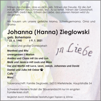 Traueranzeige von Johanna (Hanna) Zieglowski von Nordwest-Zeitung