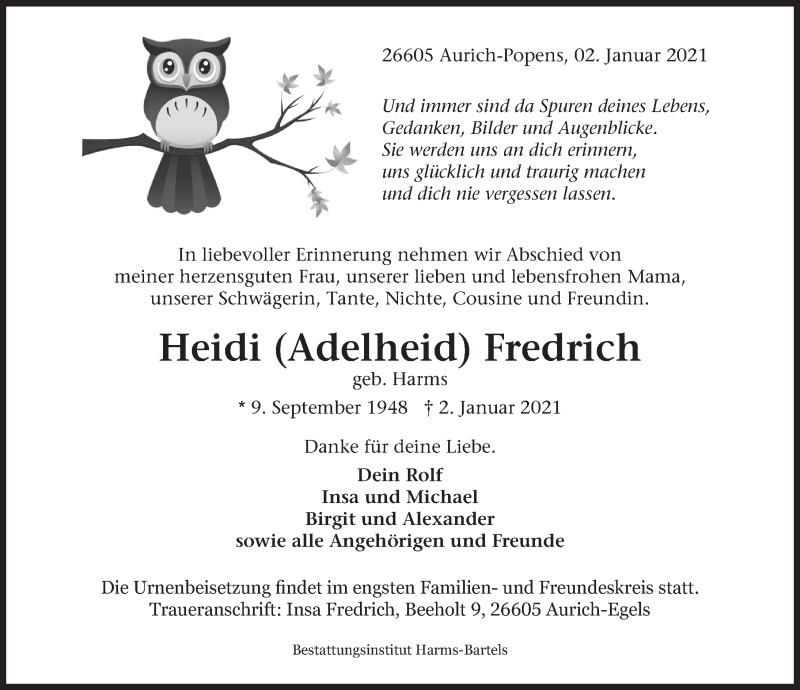  Traueranzeige für Adelheid Fredrich vom 09.01.2021 aus Emder Zeitung