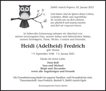 Traueranzeige von Adelheid Fredrich von Emder Zeitung