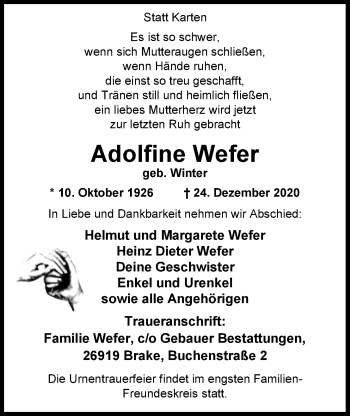 Traueranzeige von Adolfine Wefer von Nordwest-Zeitung
