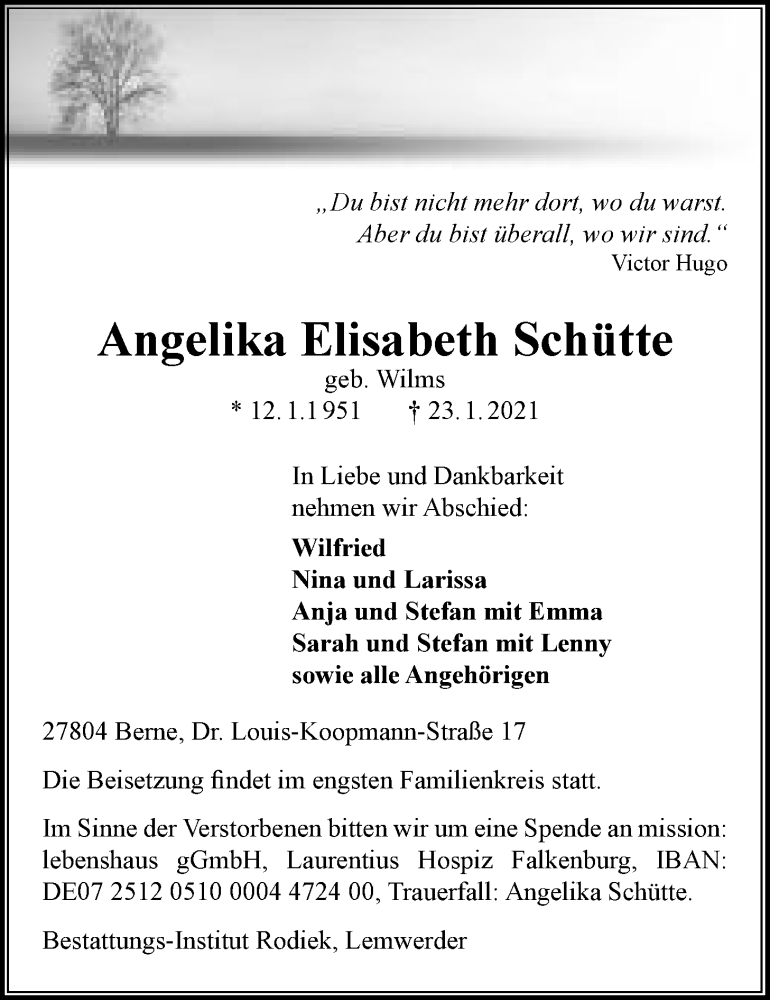  Traueranzeige für Angelika Elisabeth Schütte vom 26.01.2021 aus Nordwest-Zeitung