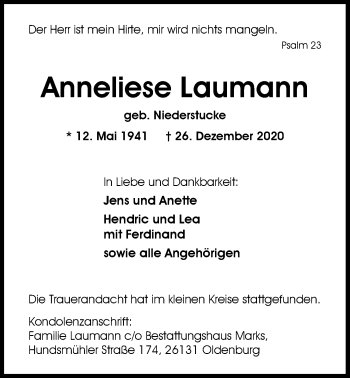 Traueranzeige von Anneliese Laumann von Nordwest-Zeitung