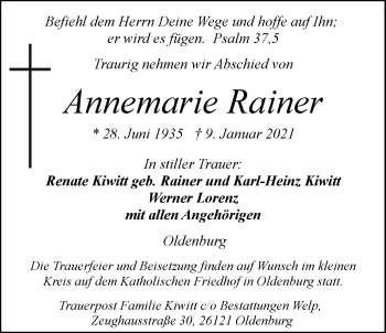 Traueranzeige von Annemarie Rainer von Nordwest-Zeitung
