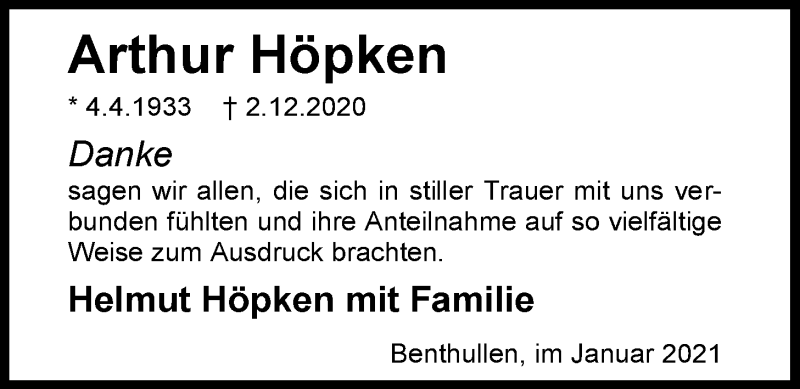  Traueranzeige für Arthur Höpken vom 16.01.2021 aus Nordwest-Zeitung