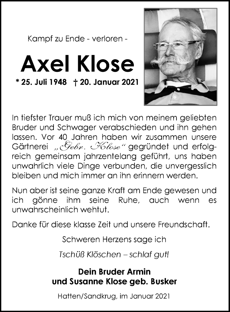  Traueranzeige für Axel Klose vom 23.01.2021 aus Nordwest-Zeitung