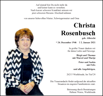 Traueranzeige von Christa Rosenbusch von Nordwest-Zeitung