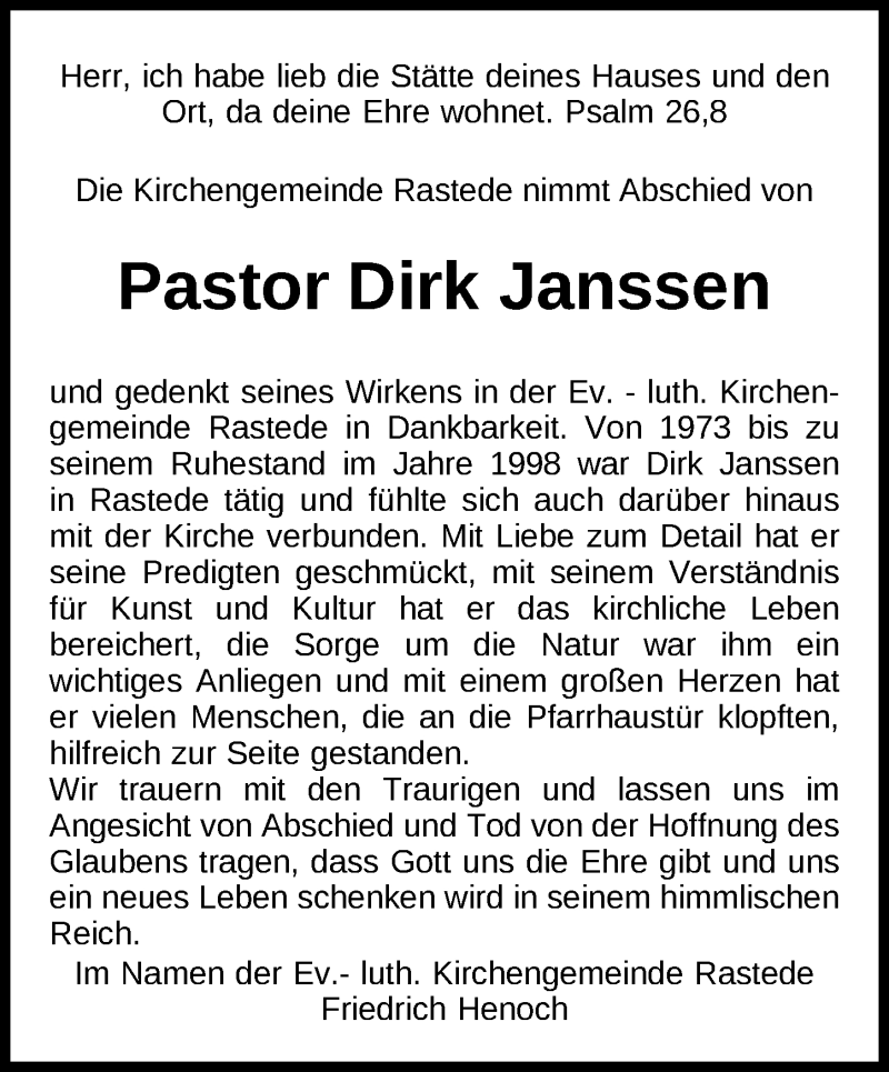  Traueranzeige für Dirk Janssen vom 20.01.2021 aus Nordwest-Zeitung