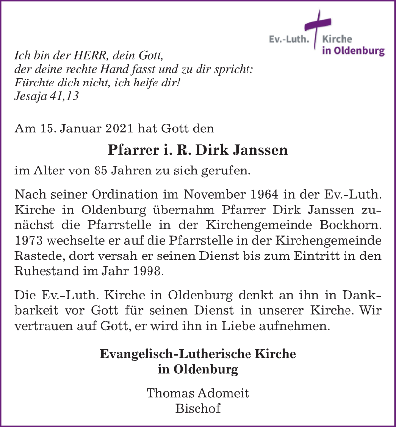  Traueranzeige für Dirk Janssen vom 20.01.2021 aus Nordwest-Zeitung