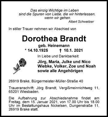 Traueranzeige von Dorothea Brandt von Nordwest-Zeitung