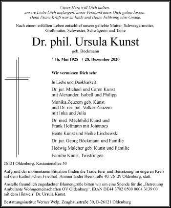 Traueranzeige von Dr. phil. Ursula Kunst von Nordwest-Zeitung