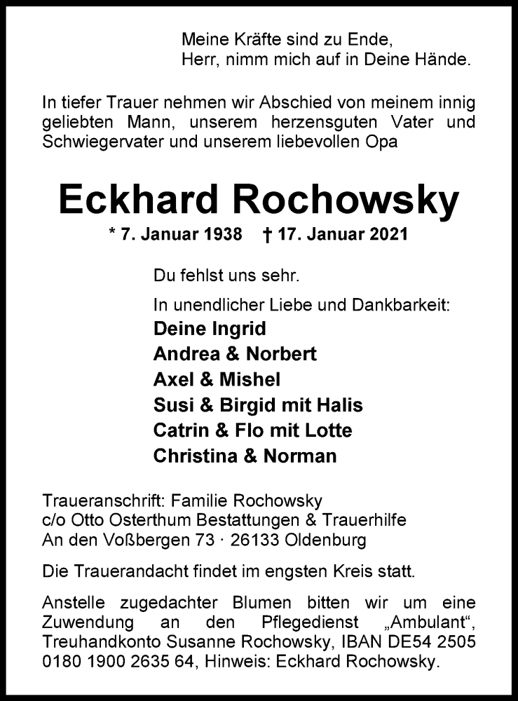 Traueranzeige für Eckhard Rochowsky vom 23.01.2021 aus Nordwest-Zeitung