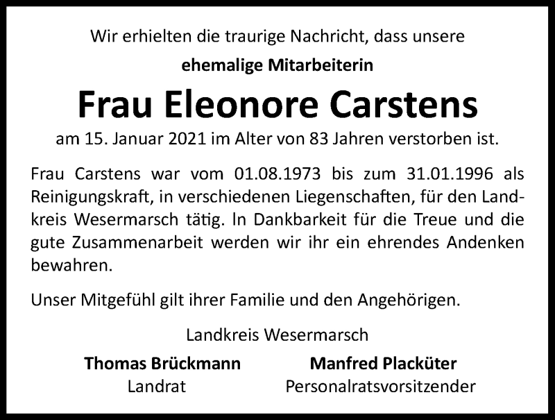  Traueranzeige für Eleonore Carstens vom 20.01.2021 aus Nordwest-Zeitung