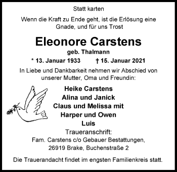 Traueranzeige von Eleonore Carstens von Nordwest-Zeitung