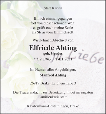 Traueranzeige von Elfriede Ahting von Nordwest-Zeitung