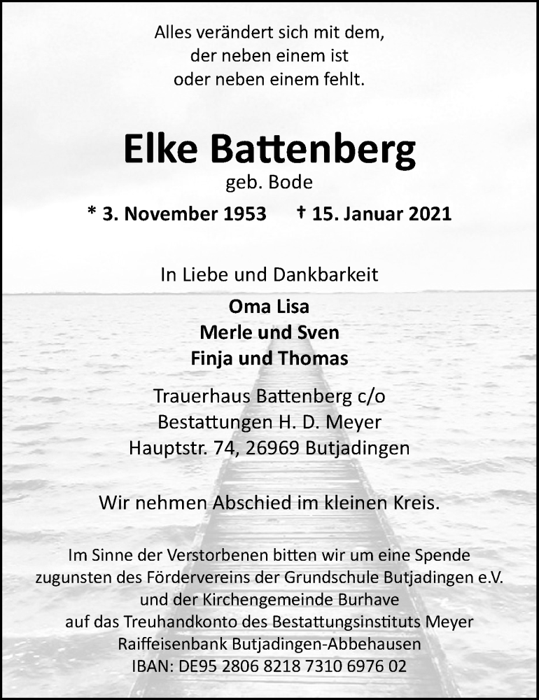  Traueranzeige für Elke Battenberg vom 20.01.2021 aus Nordwest-Zeitung