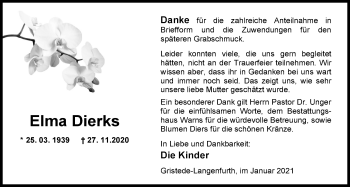 Traueranzeige von Elma Dierks von Nordwest-Zeitung