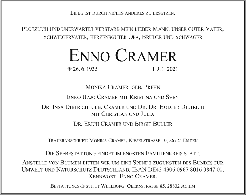  Traueranzeige für Enno Cramer vom 16.01.2021 aus Emder Zeitung