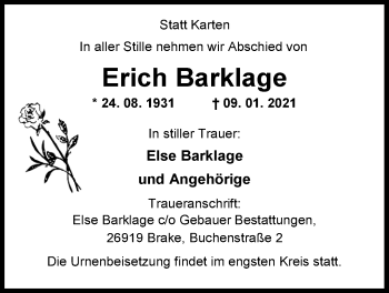 Traueranzeige von Erich Barklage von Nordwest-Zeitung