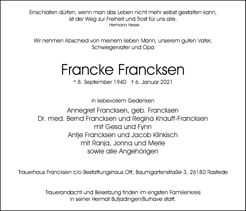  Traueranzeige für Francke Francksen vom 12.01.2021 aus Nordwest-Zeitung