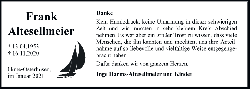  Traueranzeige für Frank Altesellmeier vom 16.01.2021 aus Emder Zeitung