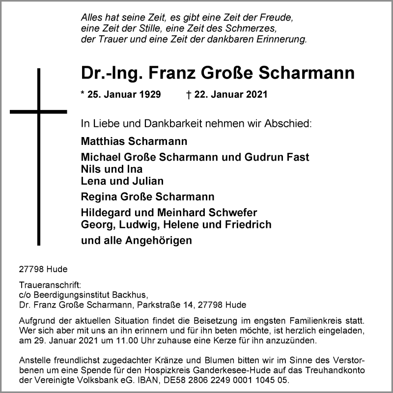  Traueranzeige für Franz Große Scharmann vom 26.01.2021 aus Nordwest-Zeitung