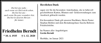 Traueranzeige von Friedhelm Berndt von Nordwest-Zeitung