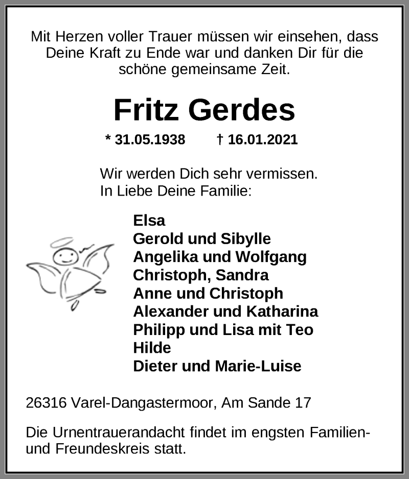  Traueranzeige für Fritz Gerdes vom 22.01.2021 aus Nordwest-Zeitung