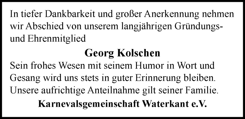  Traueranzeige für Georg Kolschen vom 05.01.2021 aus Nordwest-Zeitung