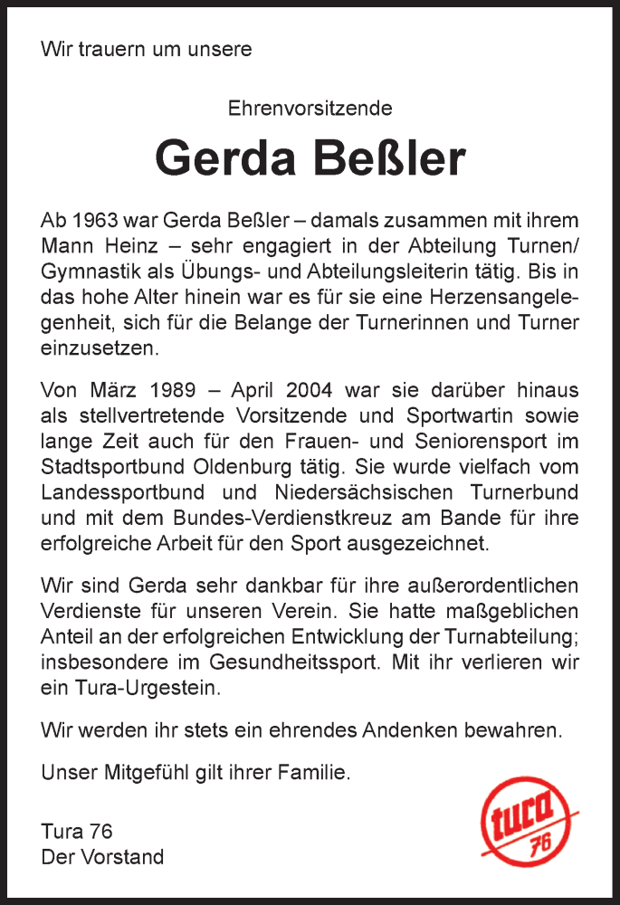  Traueranzeige für Gerda Beßler vom 30.01.2021 aus Nordwest-Zeitung