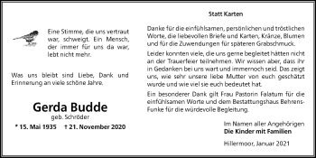 Traueranzeige von Gerda Budde von Nordwest-Zeitung