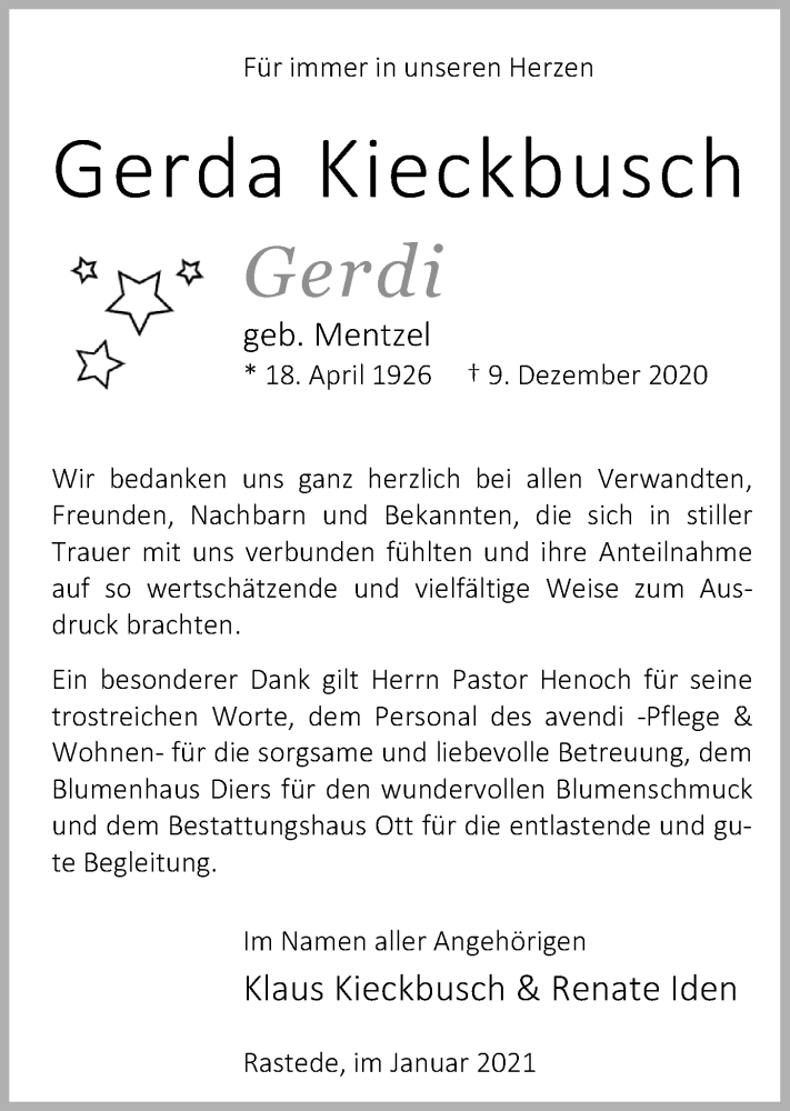  Traueranzeige für Gerda Kieckbusch vom 16.01.2021 aus Nordwest-Zeitung